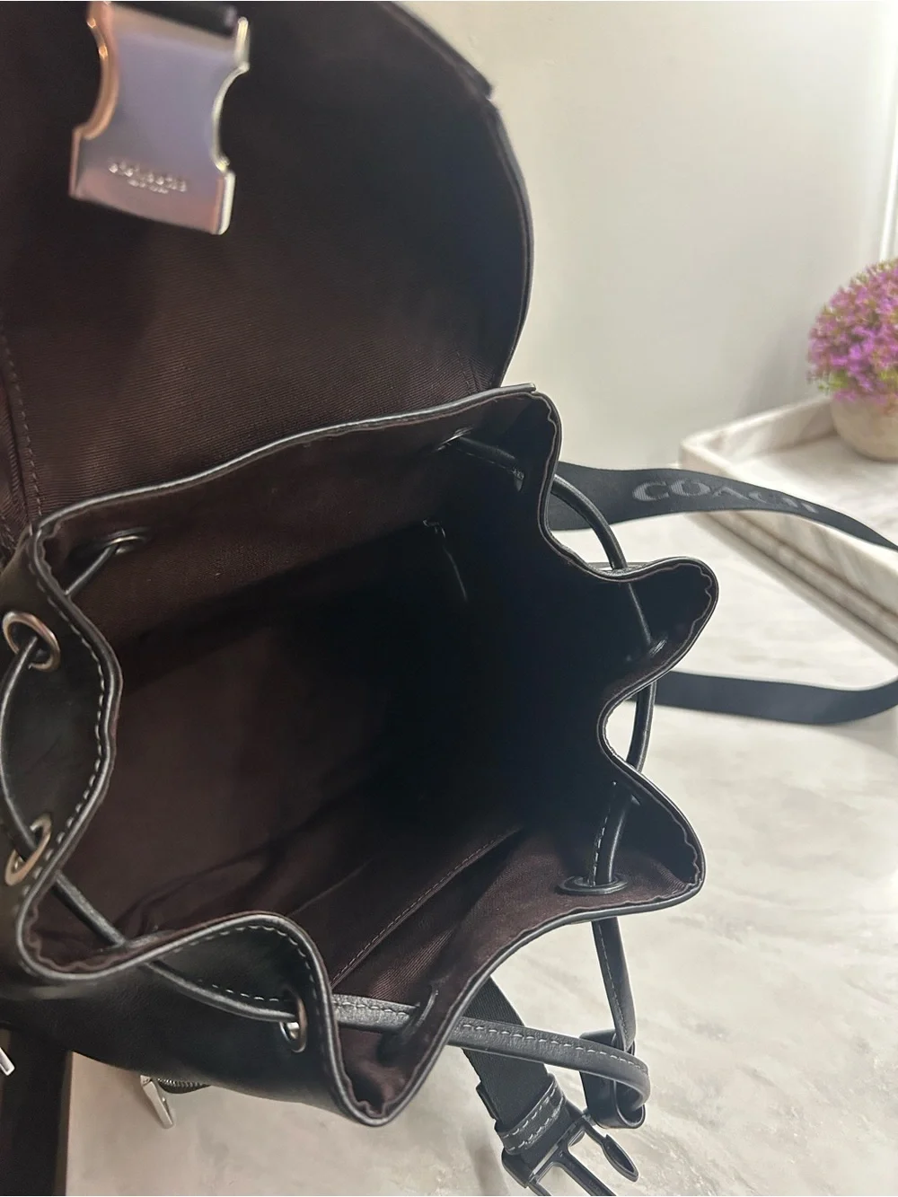 Coach Black Leather Logo Drawstring Backpack - Picture 12 of 12